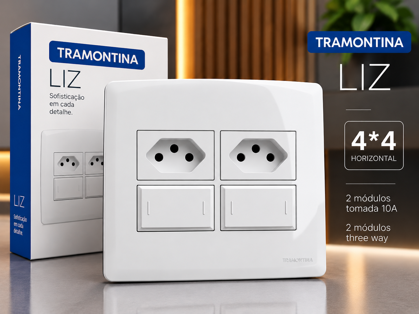 Espelho Liz 4x4 2 Tomadas 10A + 2 Interruptores Three Way
